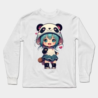 Anime Girl with Panda Hat Long Sleeve T-Shirt